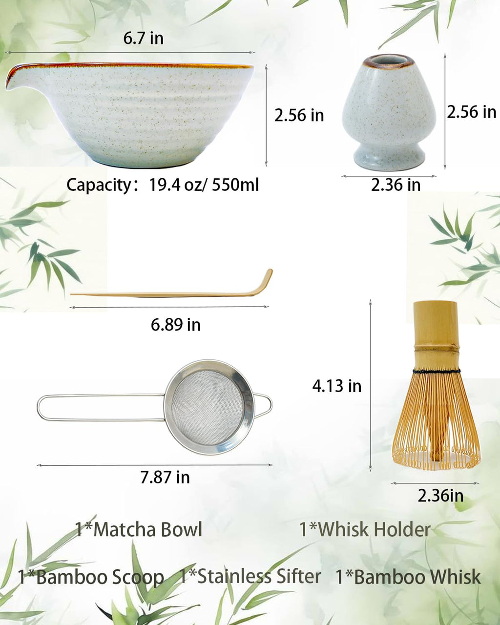 Zzlright Matcha Whisk Set,Matcha Set,Matcha Kit,Matcha Bowl with Spout,Scoop,Sifter,Bamboo Whisk,Chasen Holder,Mothers Day Gifts for Mom Women her Grifend,Gifts for Christmas