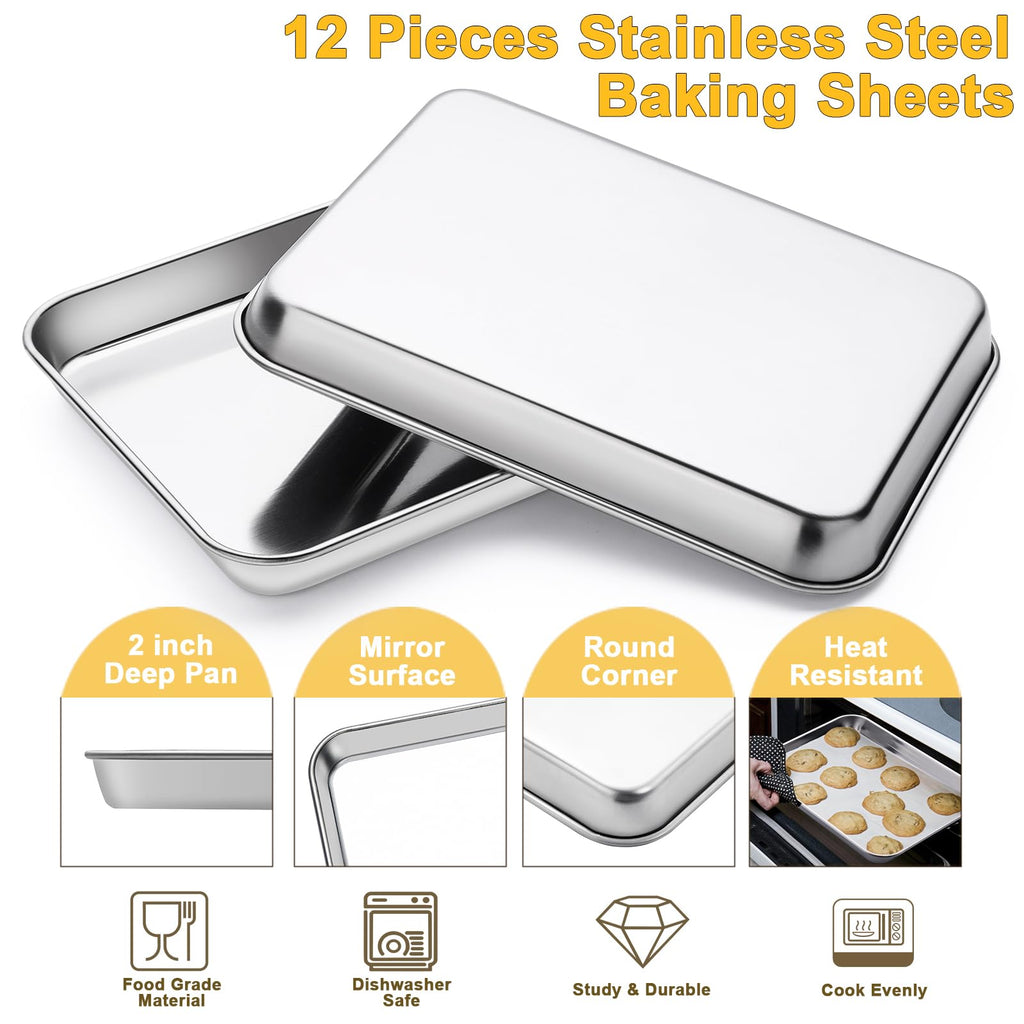 12Pcs Stainless Steel Baking Sheet Pan Set, Cookie Sheet Metal Baking Pan Oven Tray, Cooking Baking Sheet for Toaster Oven, Easy Clean, Dishwasher Safe, 9 x 7 x 1 Inch