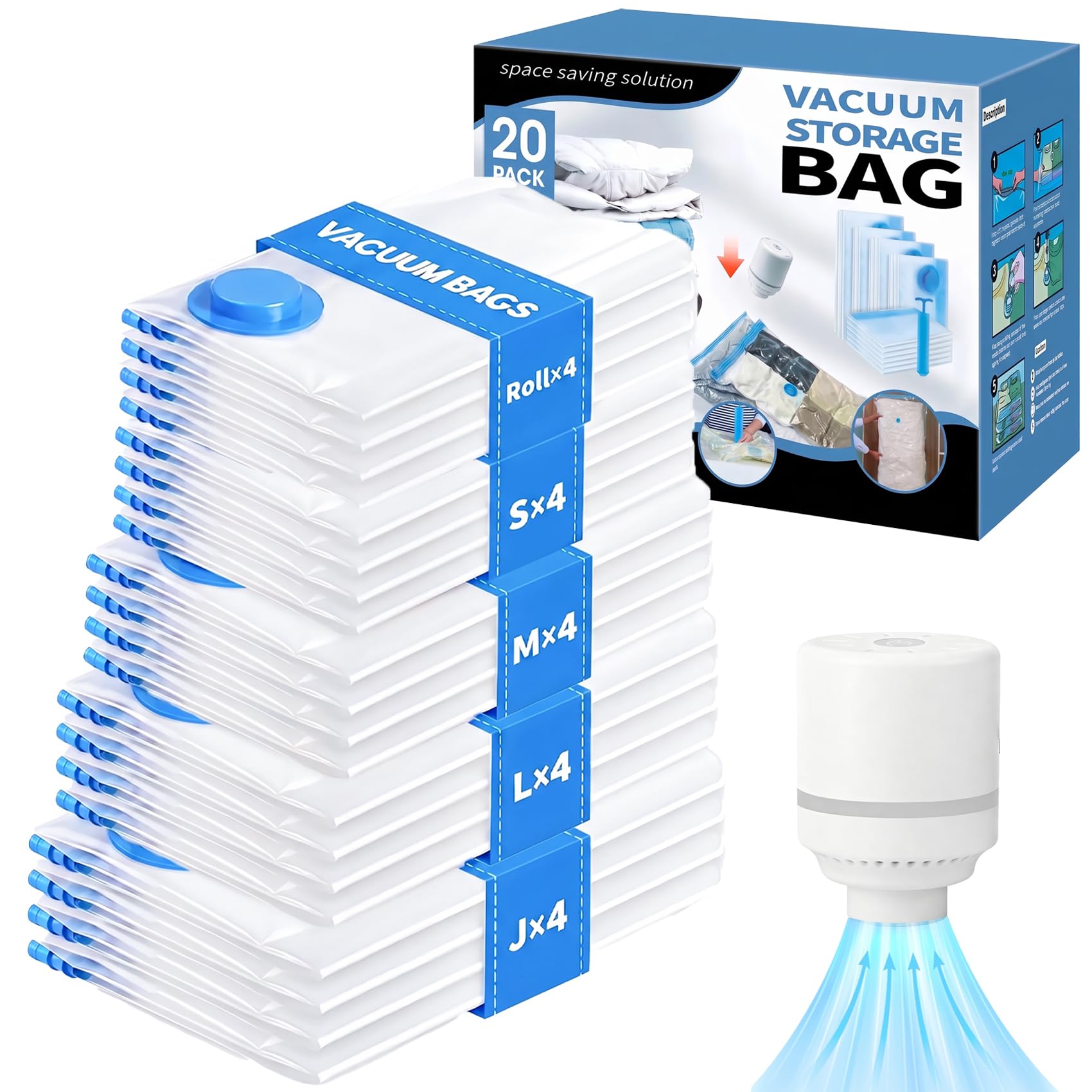 20 Pack Vacuum Storage Bags with Electric Pump, Compression Space Saver Vacuum Seal Bags 4 Jumbo/4 Large/4 Medium/4 Small/4 Roll Up Bags for Clothing Travel Comforters Blankets Pillows Bedding Duvets