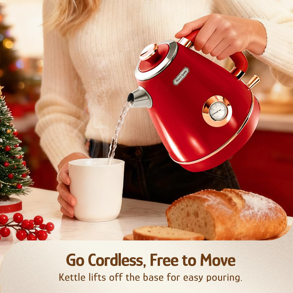 Hazel Quinn Retro Electric Kettle, 1.7 Liters with Thermometer, Ruby Red
