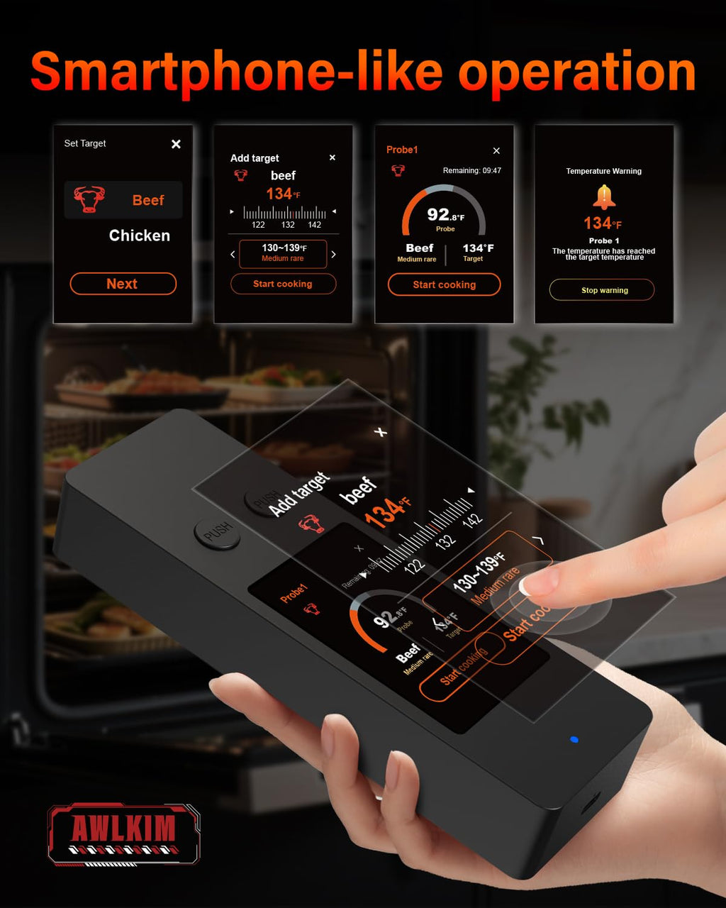 AWLKIM Wireless Meat Thermometer with Touchscreen Base, No Phone Needed — 2 Probes, 8 Sensors, Bluetooth 5.3, Rechargeable for Grill, BBQ, Smoker & Oven