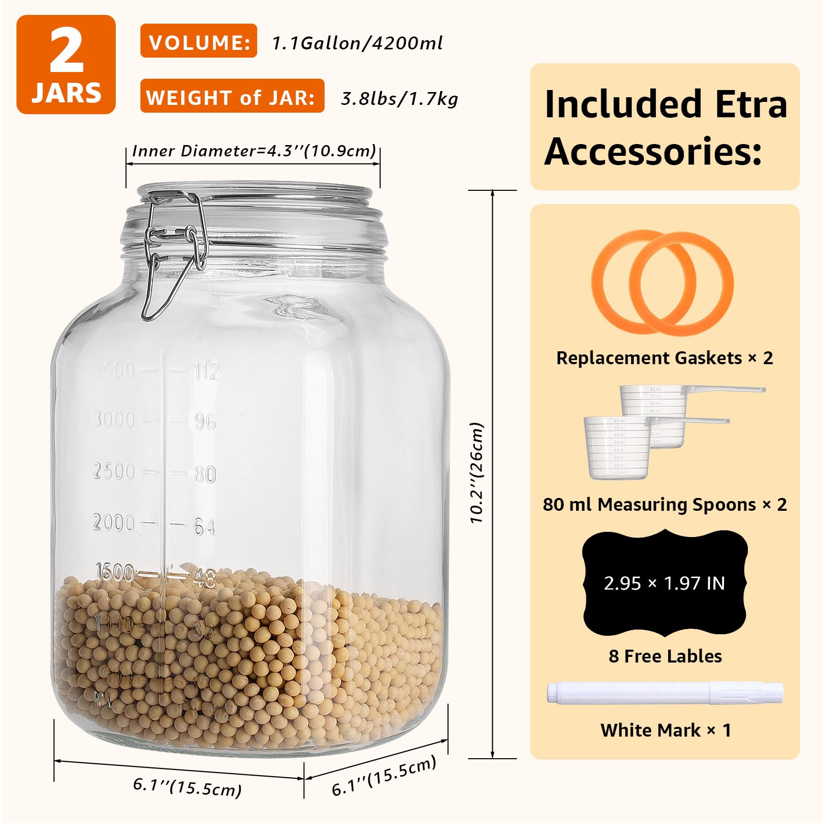 PUSCRIENO 2 Pack 1.1 Gallon Square Super Wide Mouth, Airtight Glass Storage Jars, with Measurement Marks, Leak-Proof Lids for Kitchen Pantry, Canning, Dry Food (Flour, Sugar) & Drinks