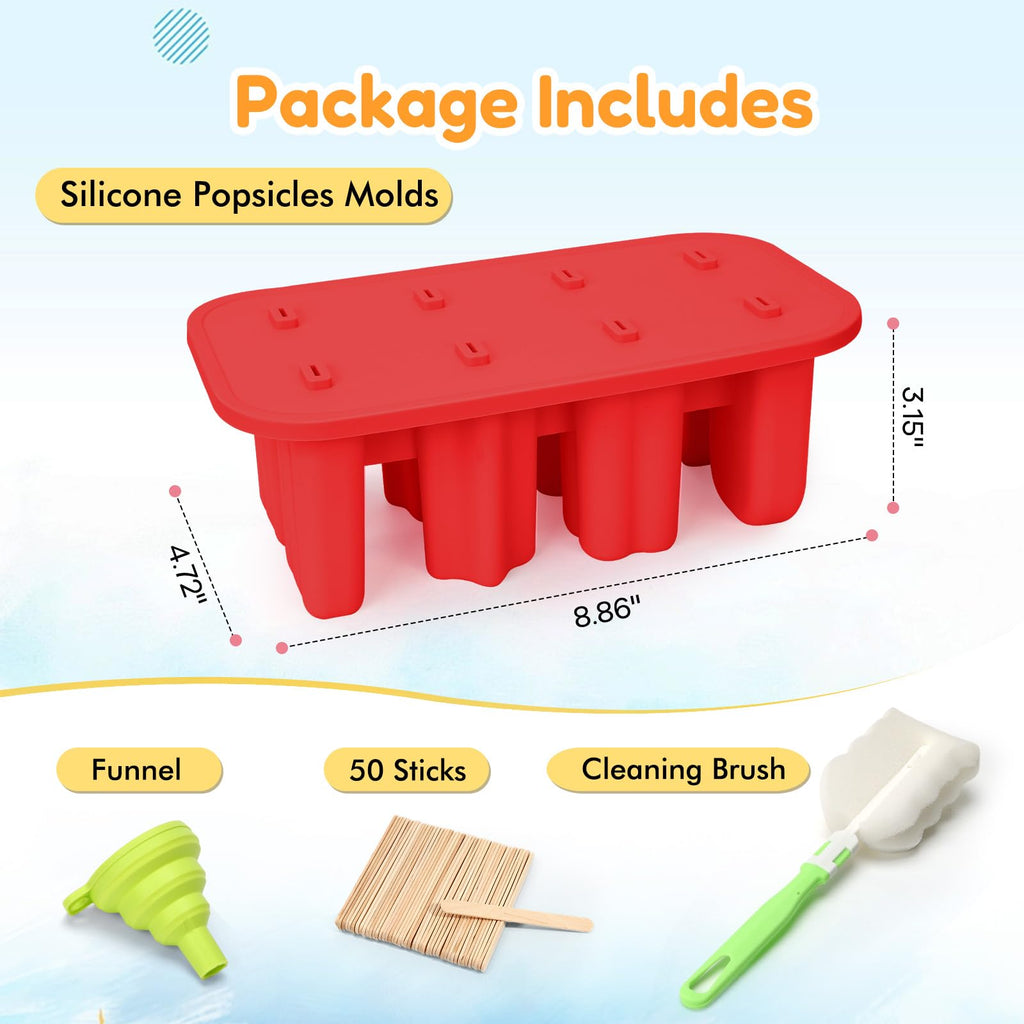 Firstfooby Popsicles Molds, 8-Cavity Silicone Popsicle Molds with 50 Sticks, BPA-Free Ice Pop Mold Popsicle Maker with Funnel & Cleaning Brush for Kids Adult Teens