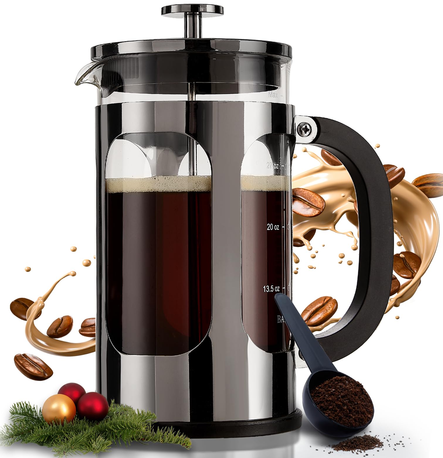 BAYKA French Press Coffee Maker, Easy to use,Large 304 Stainless Steel Coffee Press, Cold Brew Heat Resistant Thickened Borosilicate Coffee Pot for Camping Travel Gifts, 34 Ounce, Dark Pewter