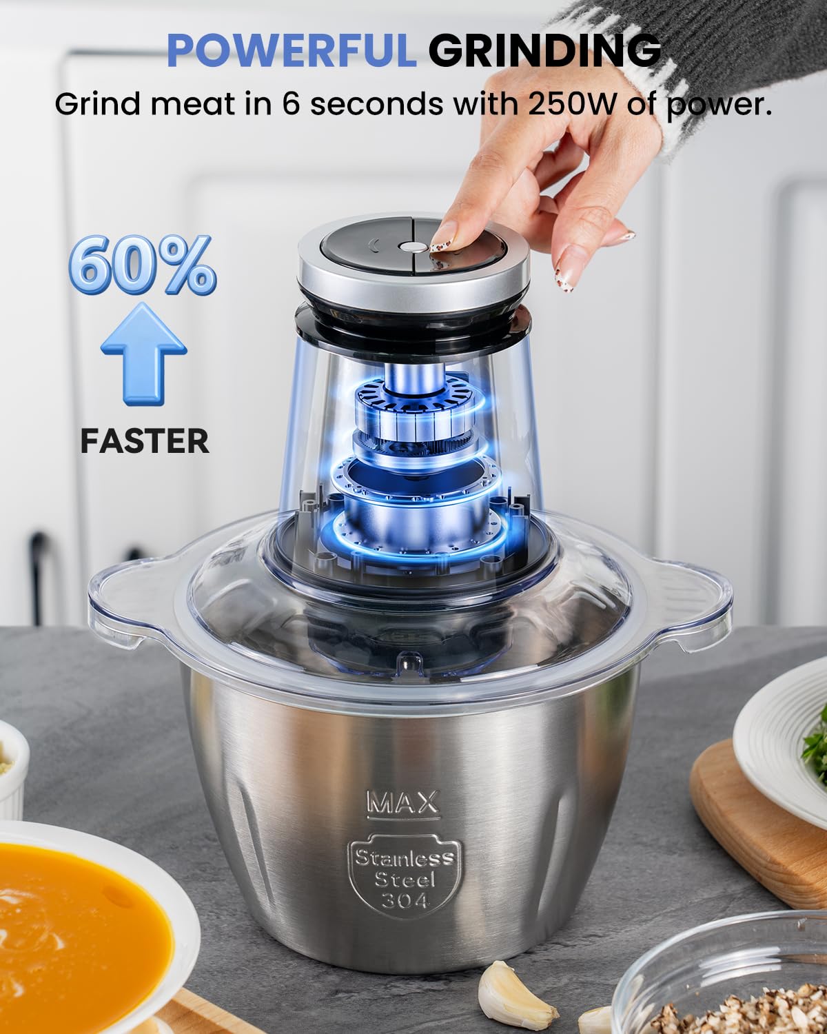 LINKChef Food Processor Small, 10 Cup Food Chopper with Container, 2.3L 600W Electric Meat Grinder for Home Use, Stainless Steel Mini Food Processor for Kitchen, Vegetable, Onion, Garlic, Salad