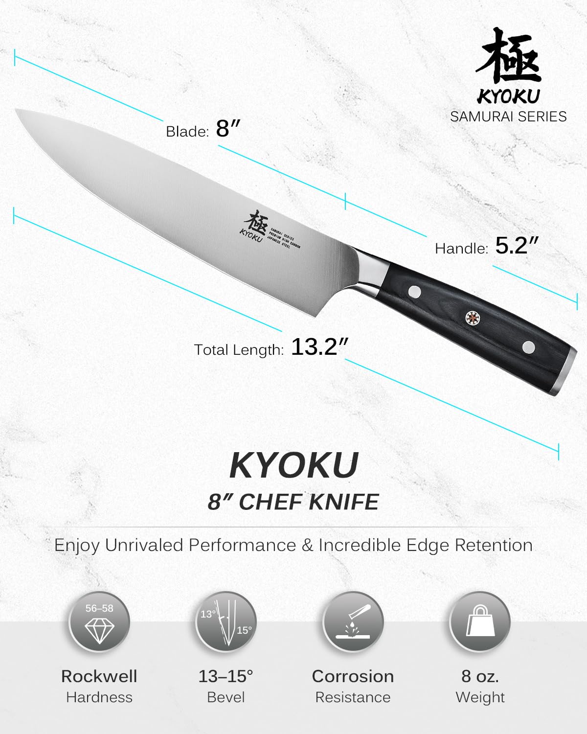 KYOKU 8" Chef Knife - Japanese High Carbon Steel Meat Vegetable Knife