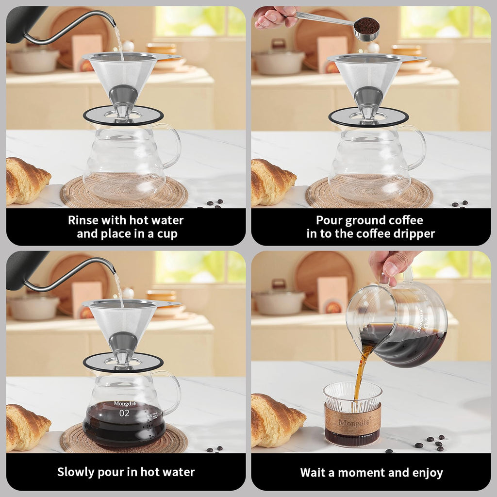 Mongdio Pour Over Coffee Dripper, Stainless Steel Coffee Dripper, Reusable Metal Coffee Filter, Double Mesh Design of Pour Over Coffee Maker with Removable Base, 1-2 Cups
