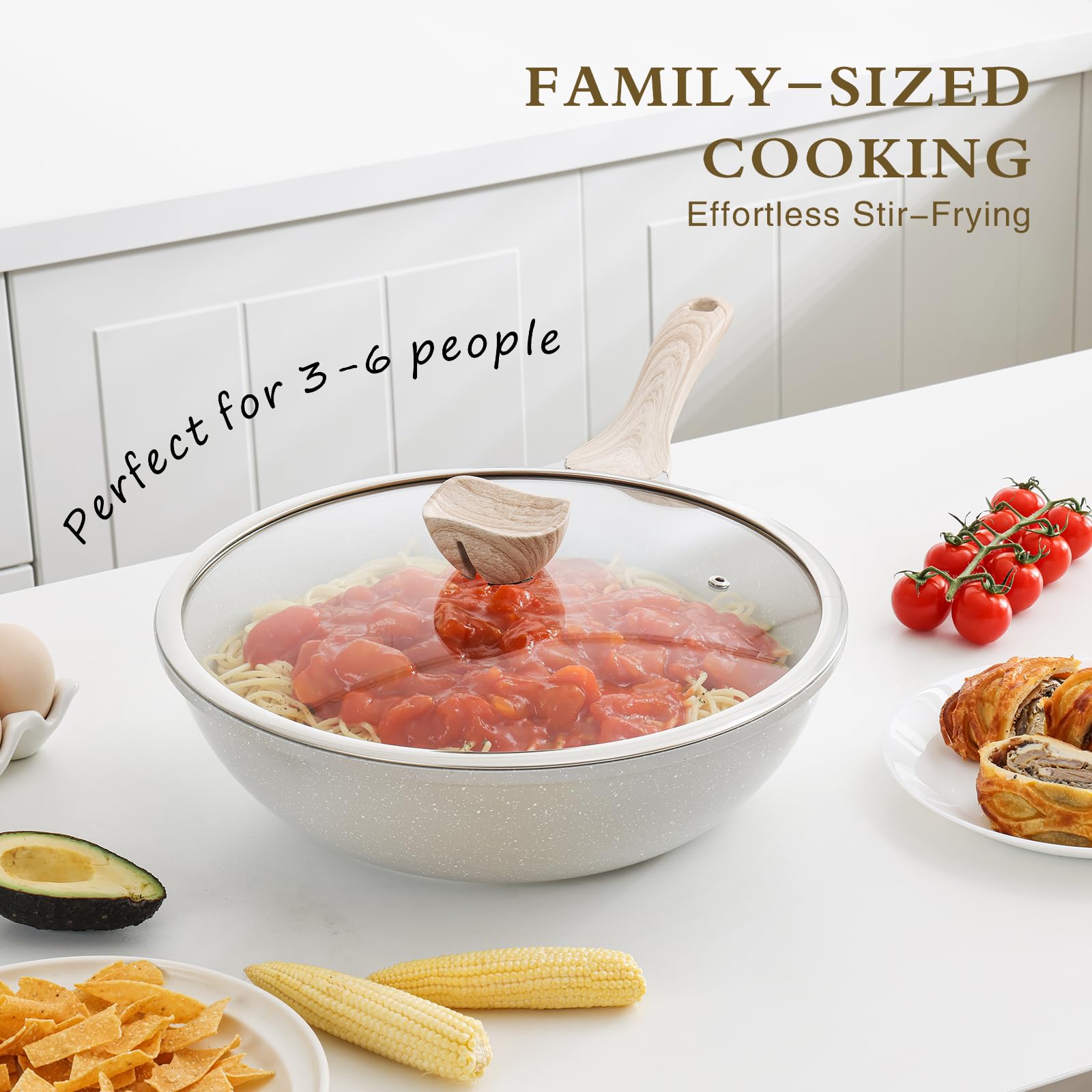 Kordisen Ceramic Wok Pan, 12 Inch Nonstick Wok with Lid, Healthy Non Toxic Woks & Stir-fry Pans for Cooking, Induction Cookware, PFOA & PFAS Free (Grey)