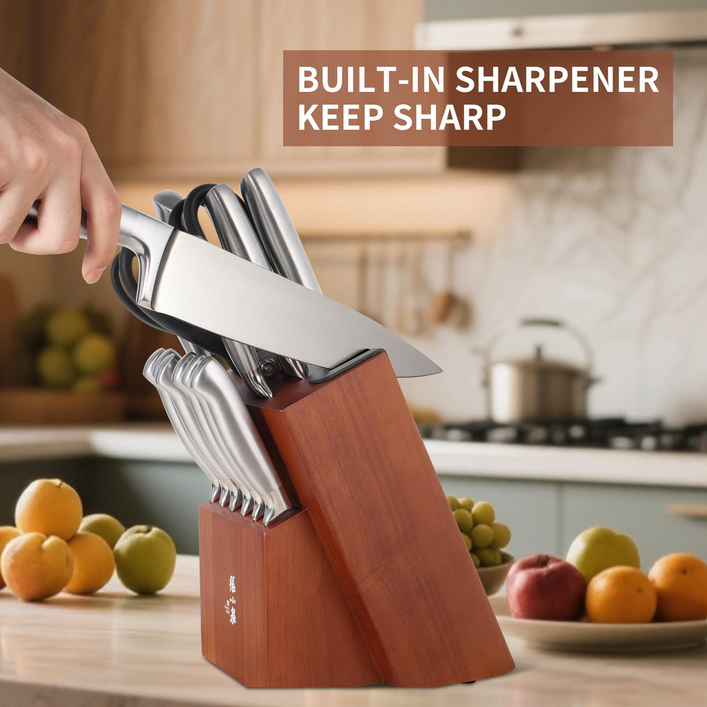 ZHANG XIAO QUAN Knife Set with Block, High Carbon Stainless Steel Sharp Blades, Built-in Sharpener Kitchen Knife Block Set for Home Cooking