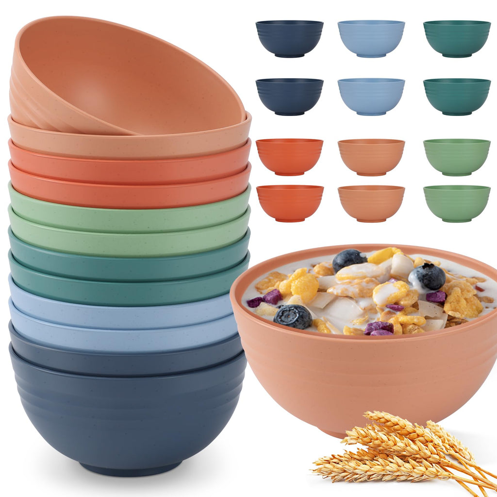 HOTEC 12-PACK BPA Free Unbreakable Plastic Cereal Bowls - Microwave & Dishwasher Safe Soup Salad Camping Bowls, 26OZ, Multicolor