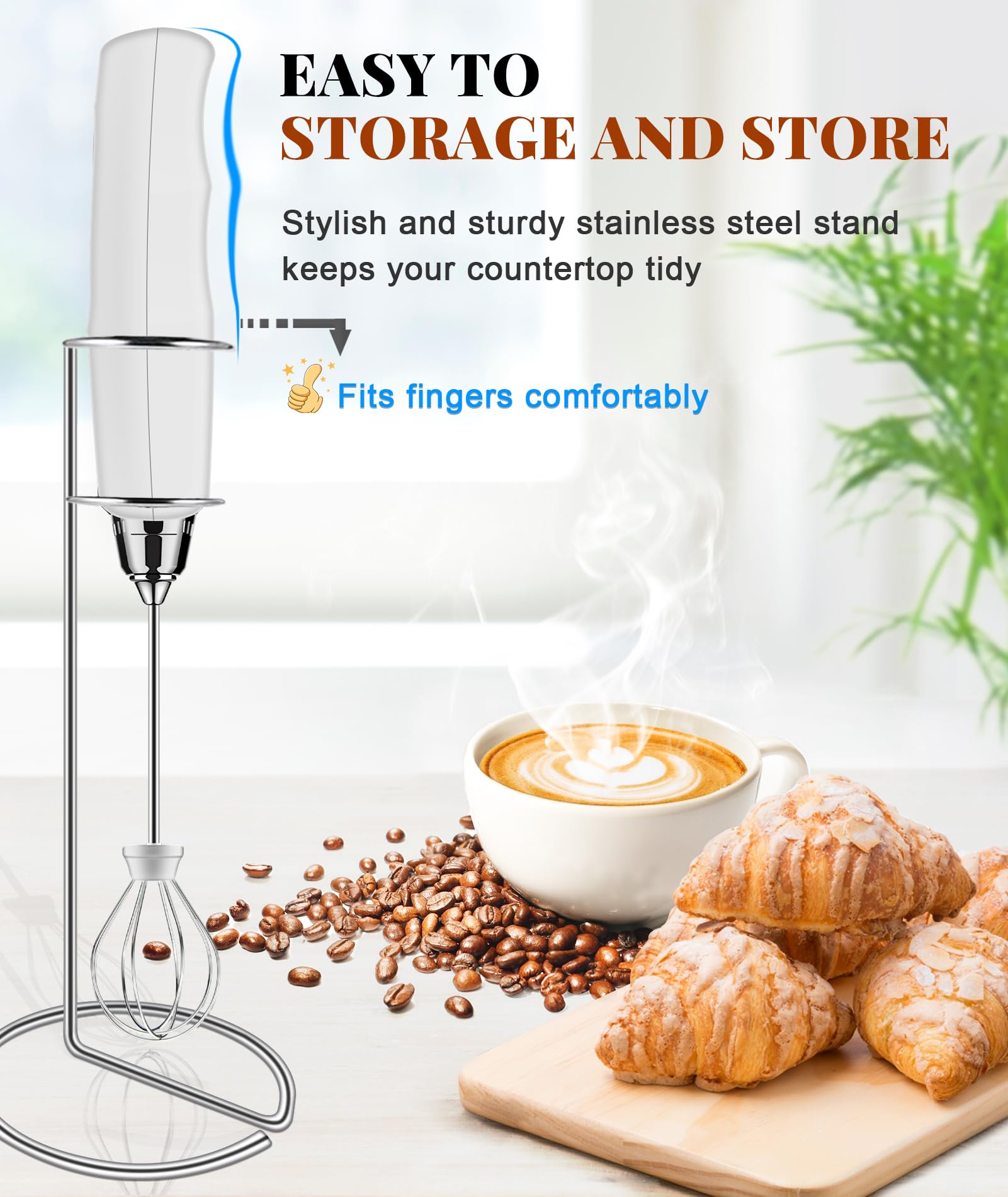 YUSWKO Handheld Milk Frother Wand for Coffee, Rechargeable Electric Whisk with 3 Heads 3 Speeds Drink Mixer Coffee Frother For Latte, Cappuccino, Hot Chocolate, Egg, White with Holder