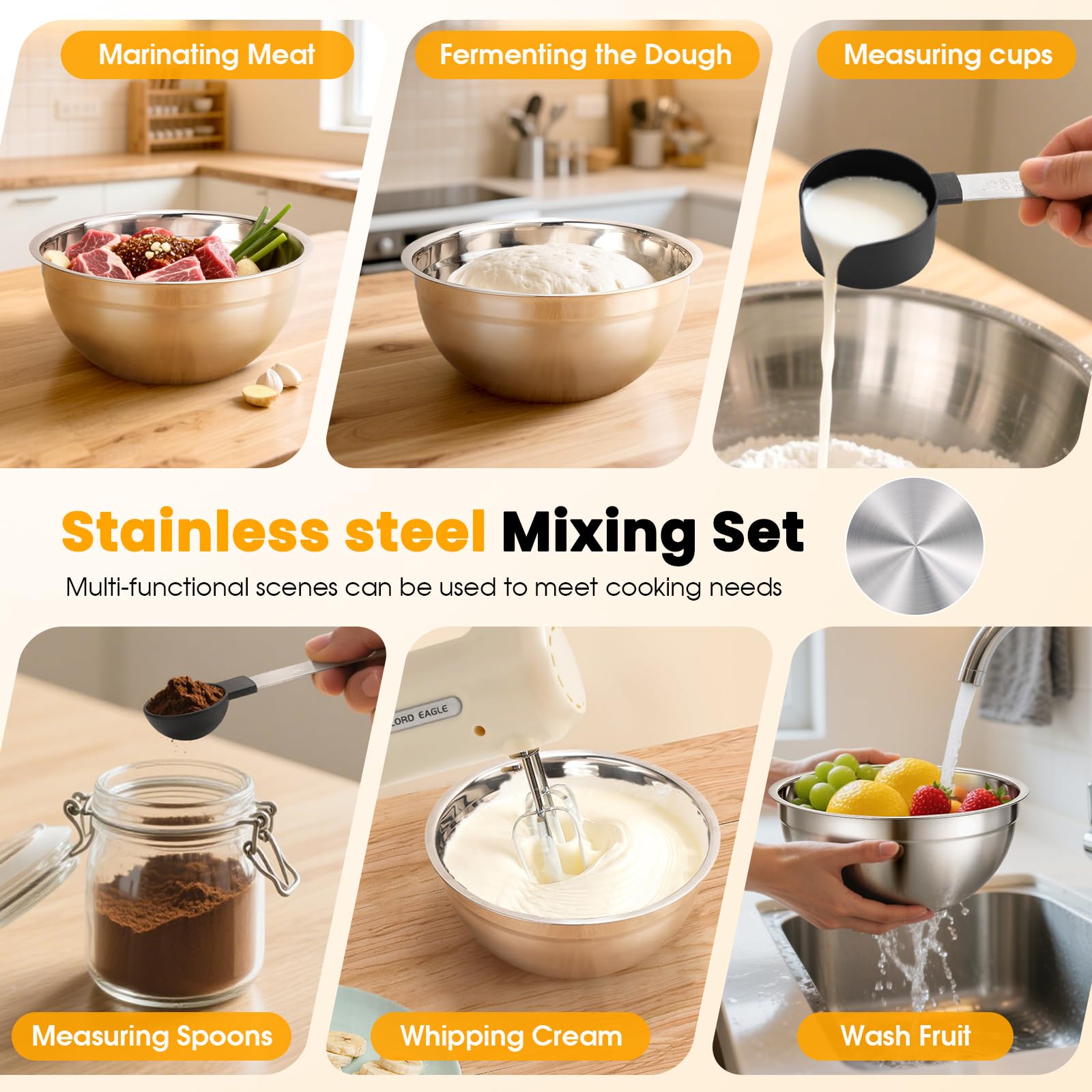 Lord Eagle 5-Speed Hand Mixer Electric With 4 Stainless Steel Mixing Bowls Set, 300W Lightweight Kitchen Handheld Mixer with Measuring Cups & Spoons, Baking Supplies for Cake, Cream