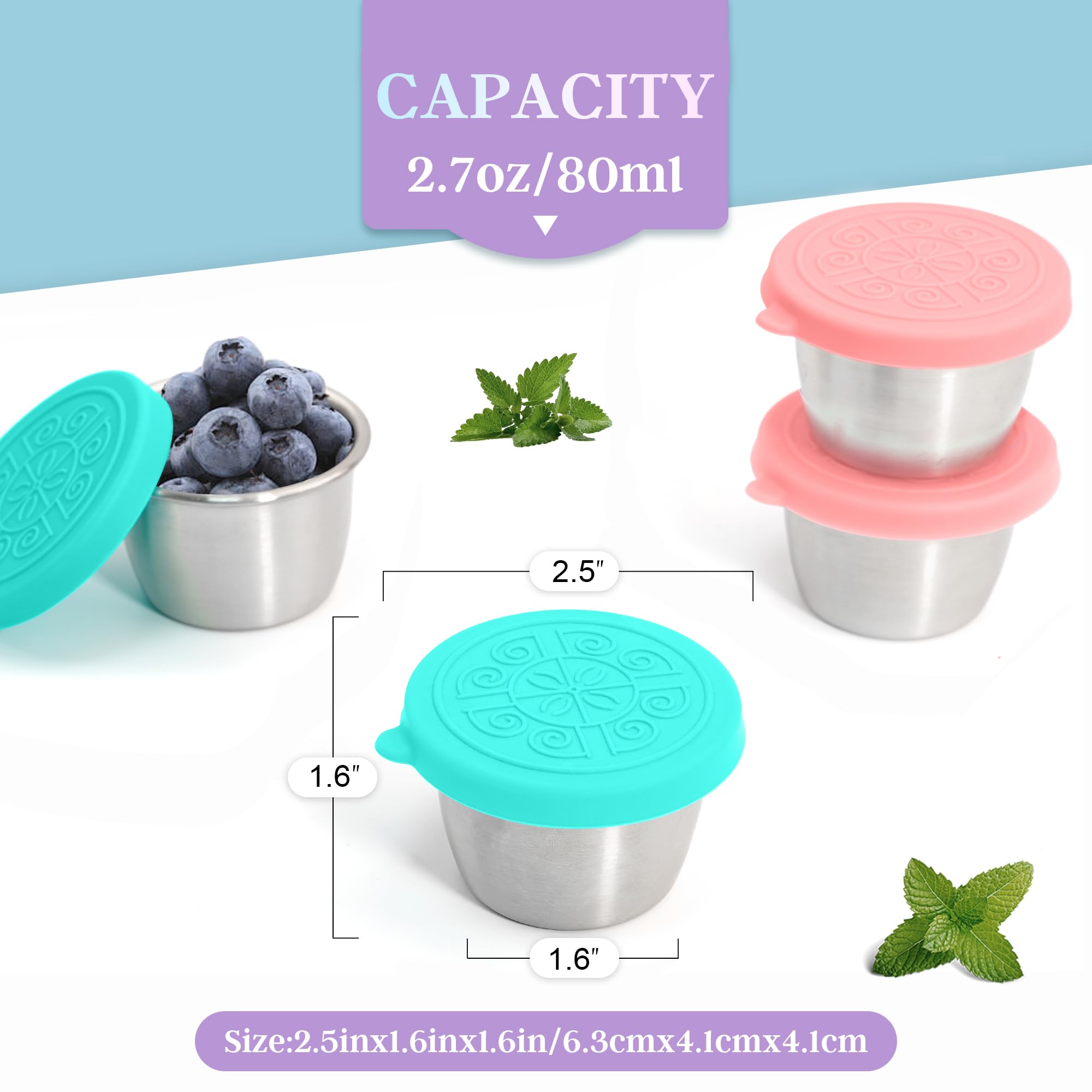 Qukaka 6x2.7 Oz Salad Dressing Container to Go,Handy Leakproof Stainless Steel Meal Prep Containers Reusable,Sauce Containers for Lunch Box, Picnics, Travel, Office and Kitchen Storage