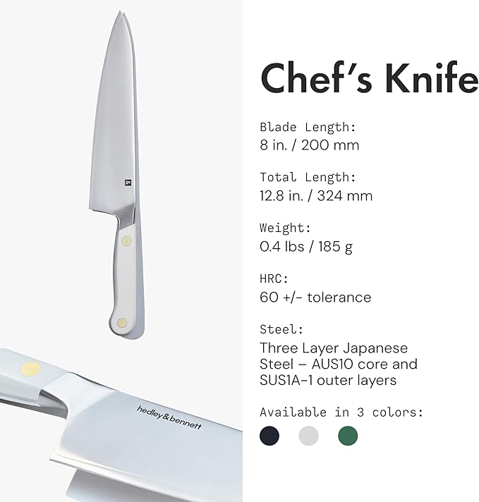 hedley & bennett Professional Chef Knife - Sharp 8 inch Japanese Kitchen Blade - Three-Layer Steel for Cutting Meat and Vegetables - Ergonomic Handle - Cooking Gift - Shiso (Green)