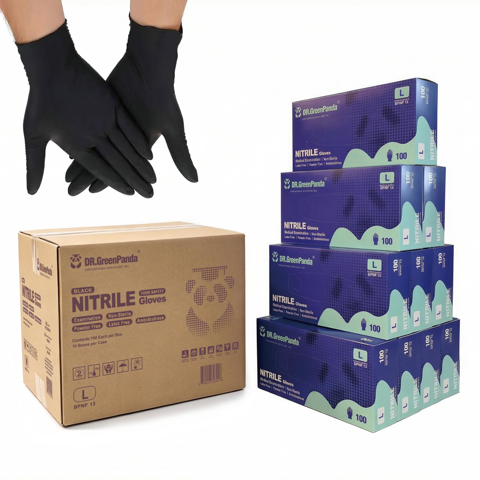 Dr.GreenPanda Black Nitrile Exam Gloves Large 1000pcs 3mil Food Safe