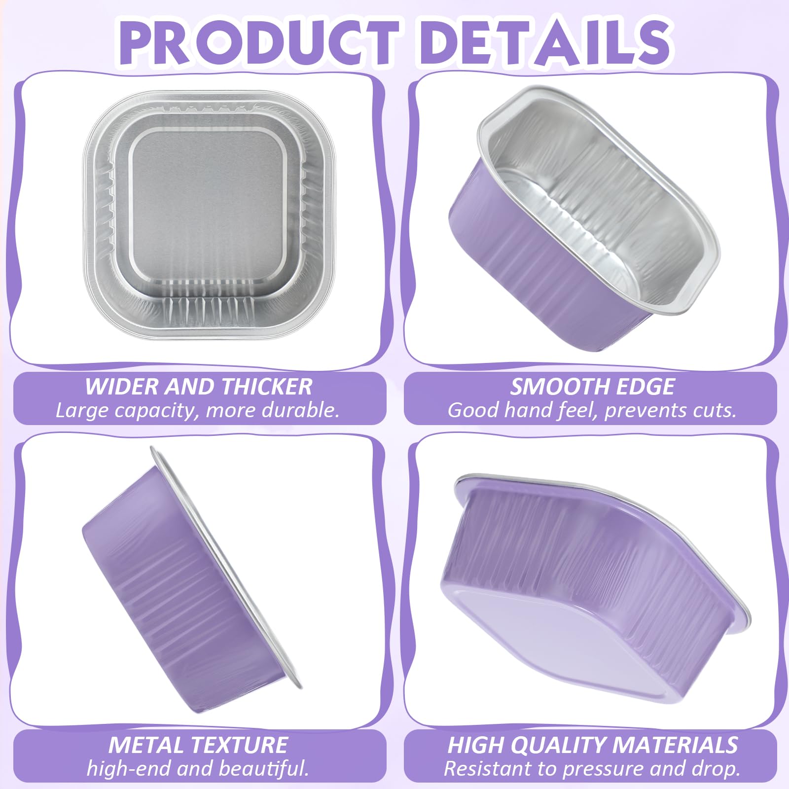 Aoriher 150 Pcs 10 oz Mini Cake Pans with Lids Aluminum Foil Baking Cup Disposable Square 4 x 4 Large Baking Tin, Muffin Pan Cheesecake Kitchen Brownie Pudding Desserts Holder(Taro Purple)