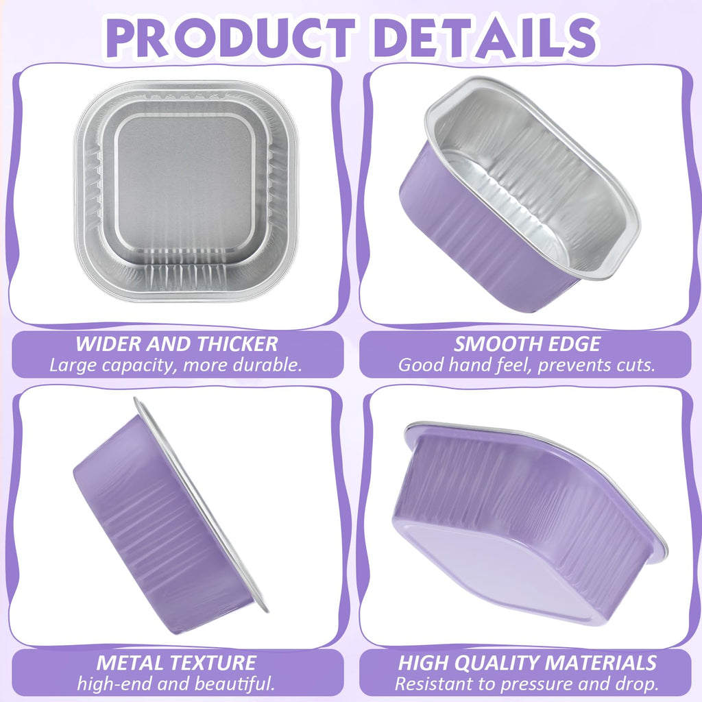 Aoriher 150 Pcs 10 oz Mini Cake Pans with Lids Aluminum Foil Baking Cup Disposable Square 4 x 4 Large Baking Tin, Muffin Pan Cheesecake Kitchen Brownie Pudding Desserts Holder(Taro Purple)