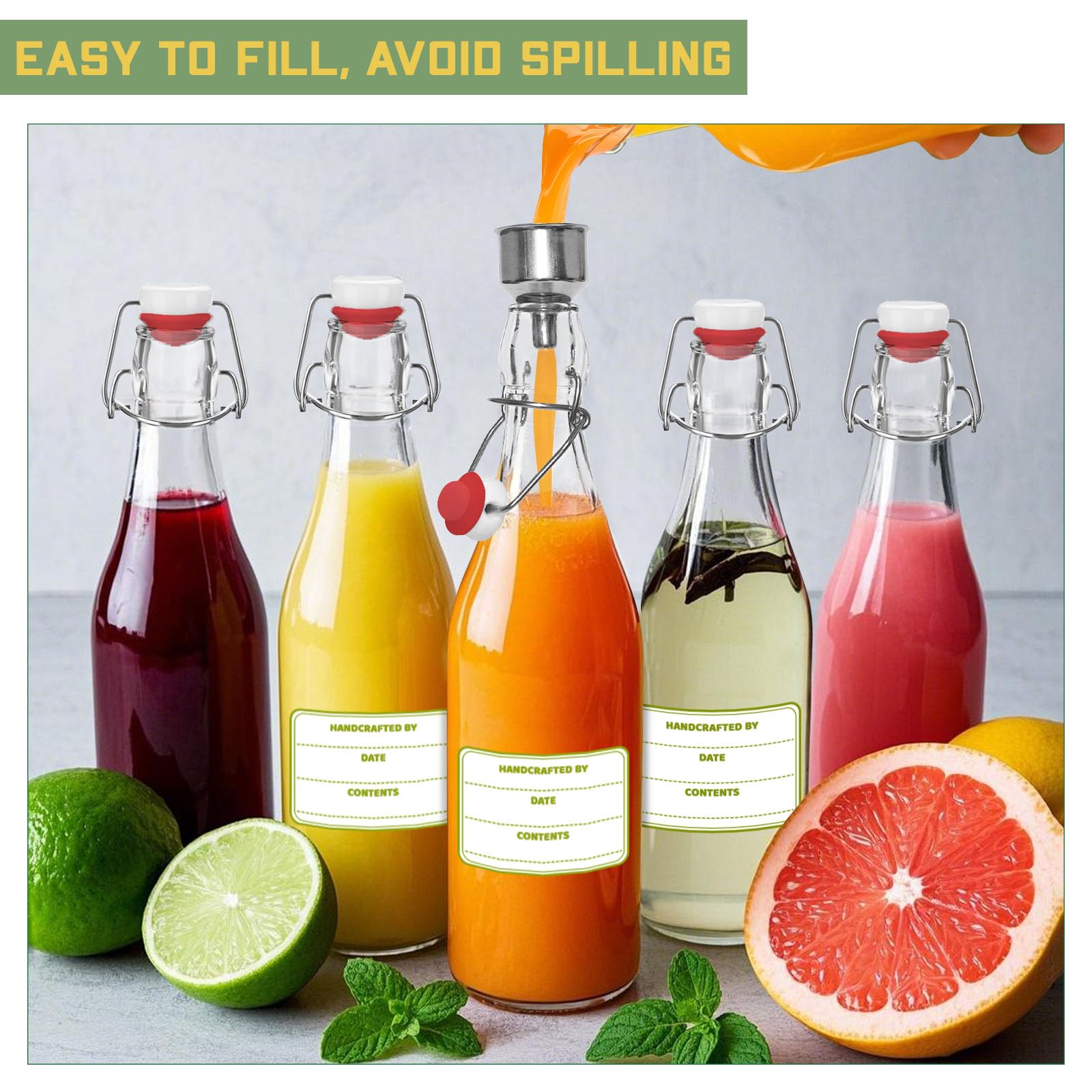6 Pack [1 Liter / 33 fl. oz.] Swing Top Glass Bottles – Airtight Flip Top Brewing Bottles for Kombucha, Beer, Wine, Kefir, Soda, Liquor – Includes Funnel, 2 Pourers, 6 Seals, 8 Labels & Jute Twine