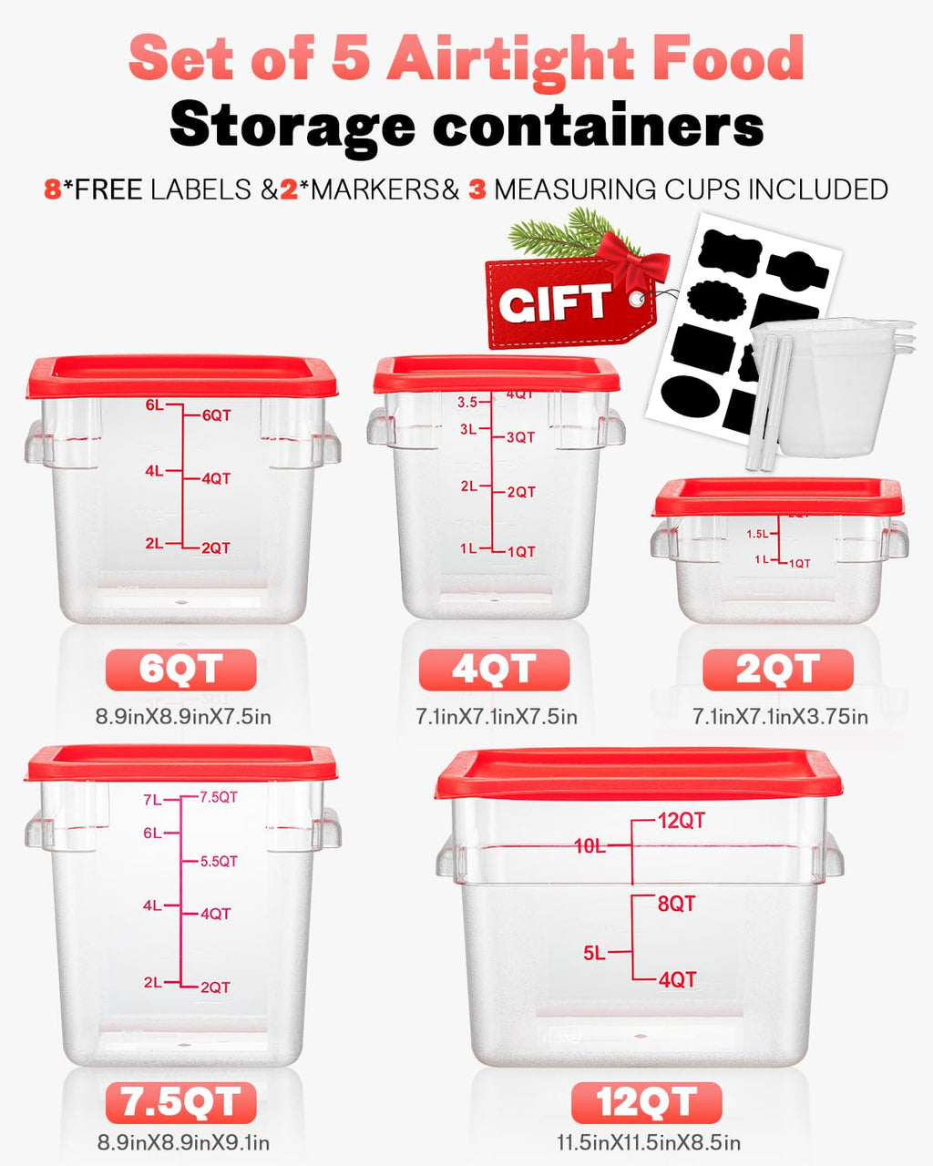 SVKLHY 4QT 4PCS NSF Commercial Clear Food Storage Containers with Lids(RED)