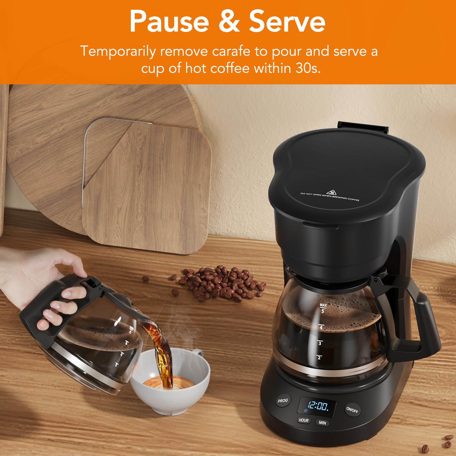 Electactic 5-Cup Programmable Drip Coffee Maker, a compact coffee machine with a digital clock and 24-hour programmable timer, featuring Auto Shut-Off, and a Removable Filter Basket for Home & Office.