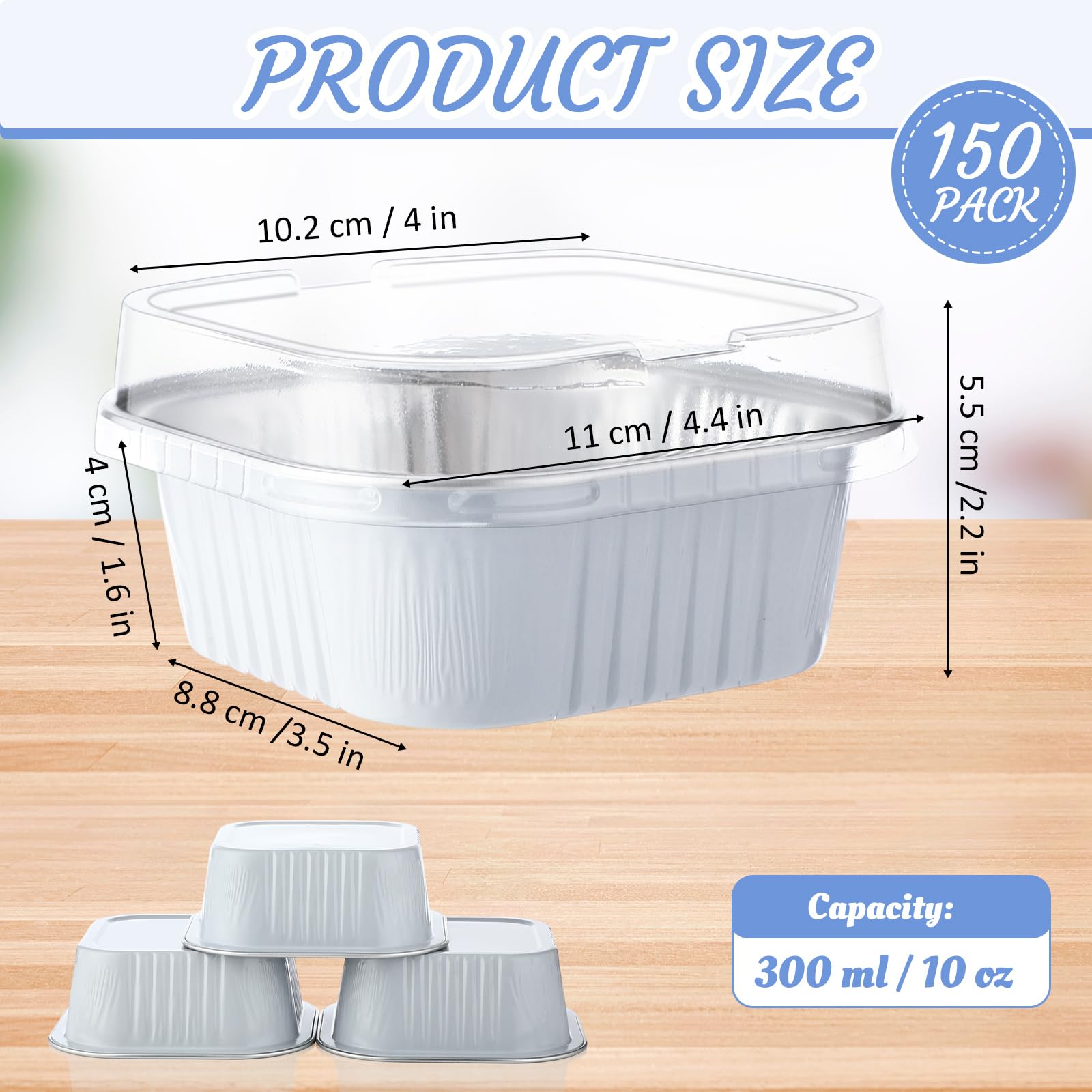 Aoriher 150 Pcs 10 oz Mini Cake Pans with Lids Aluminum Foil Baking Cup Disposable Square 4 x 4 Large Baking Tin, Muffin Pan Cheesecake Kitchen Brownie Pudding Desserts Holder(White)