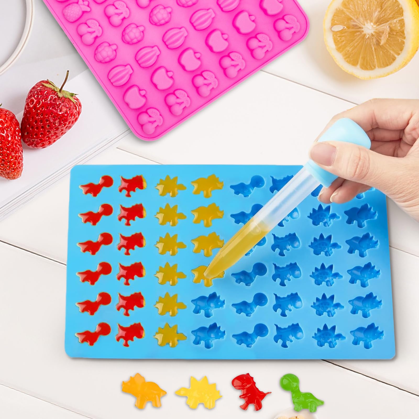Gummy Candy Molds - Silicone Mini Gummy Bear/Dinosaur/Fruit Snack Molds with 2pcs Dropper,Non-stick and Bpa Free for Candy Chocolate Gummies Baking