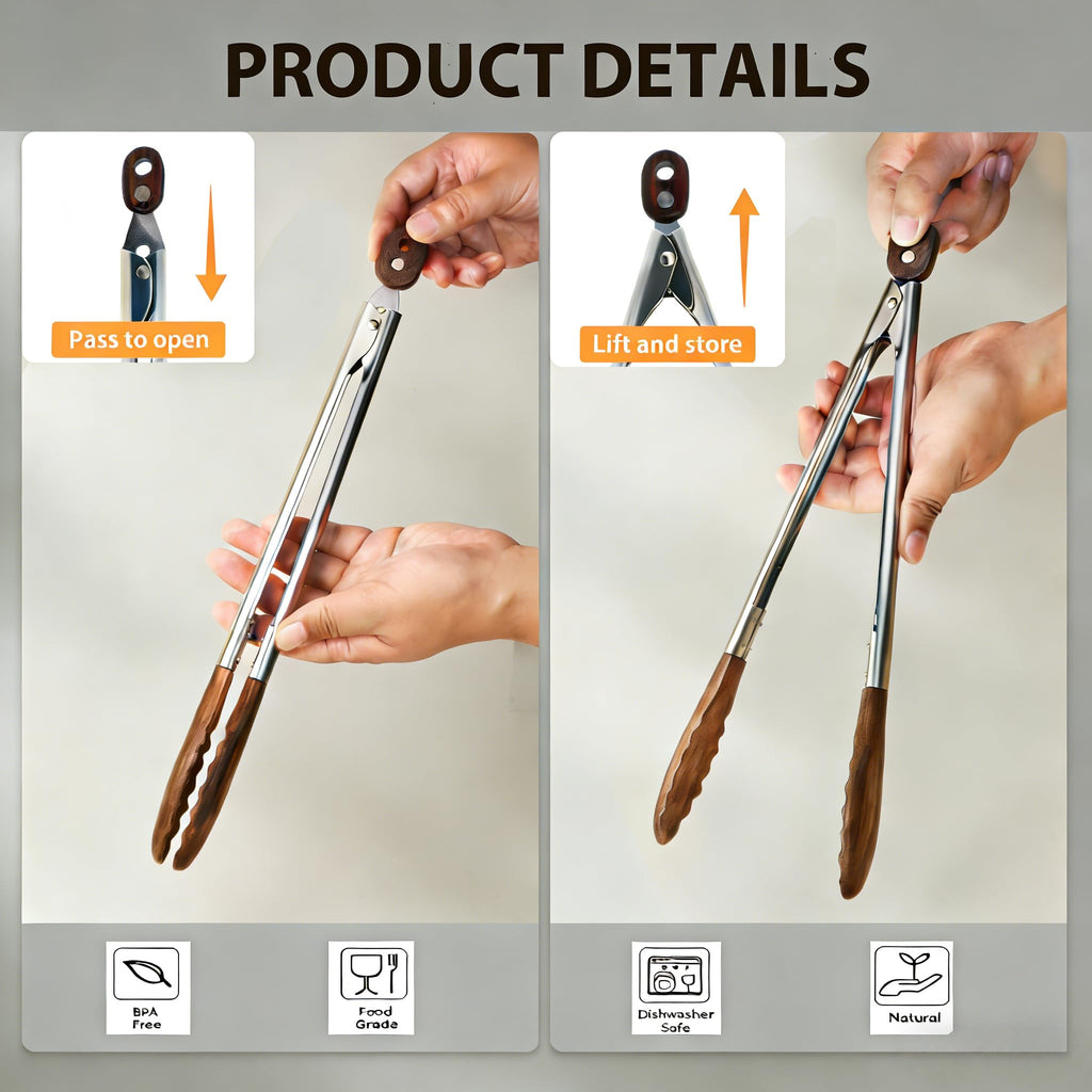 Wooden Tongs for Cooking Heat Resistant 2 Pcs 9 Inch 12 Inch Wooden Salad Tongs with Wood Tip for Serving Food Walnut Wood Kitchen Utensils for Toaster Home Chefs Gift Suitable for Non-stick Cookware