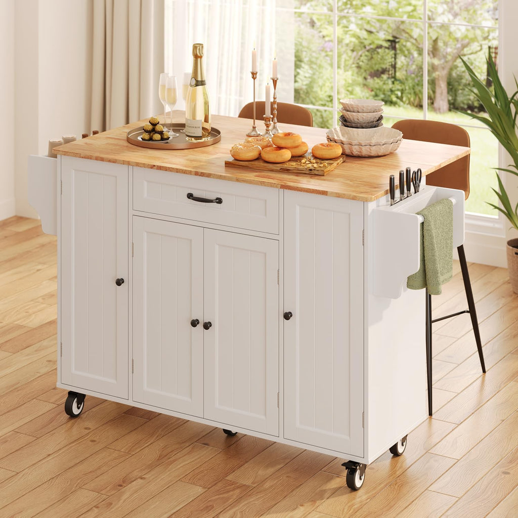Ahomly 47.6" Kitchen Island with Storage, Drop Leaf, Knife Holder, White