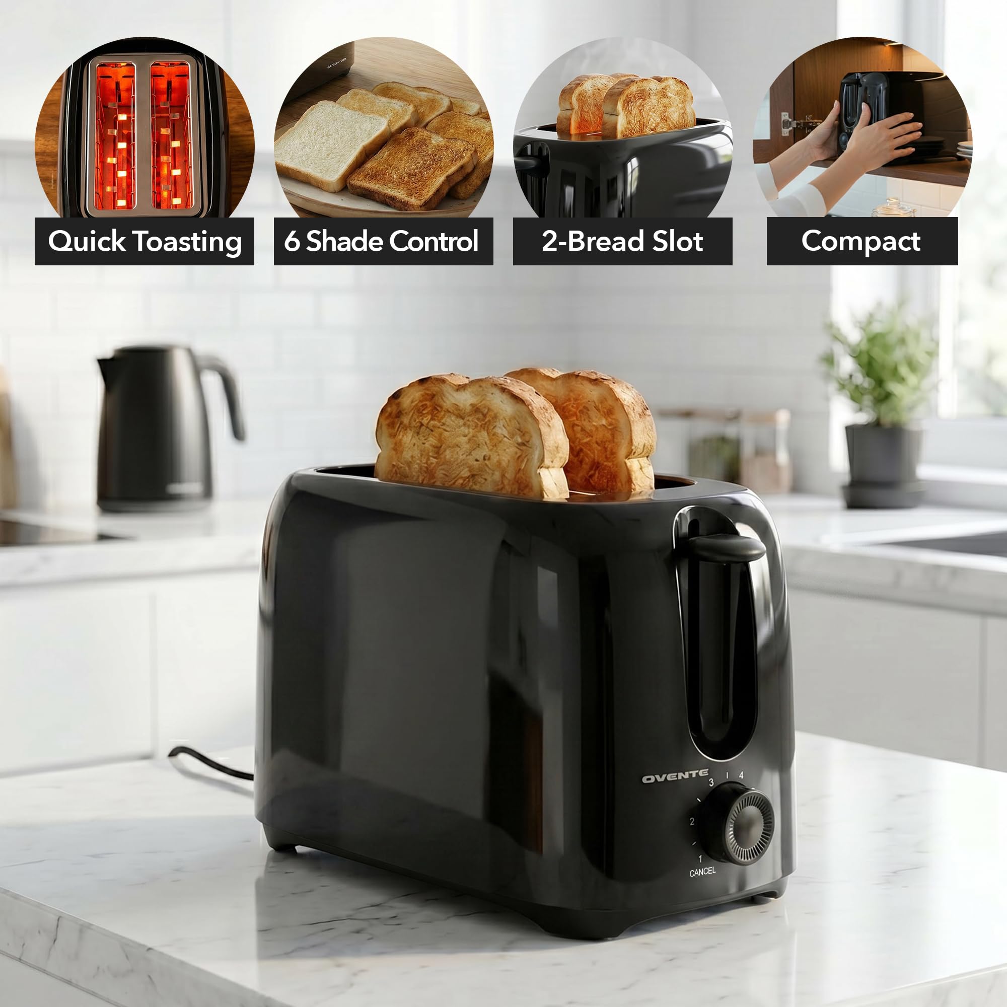 OVENTE Electric 2 Slice Toaster Machine 6-Shade Setting, Black TP2210B