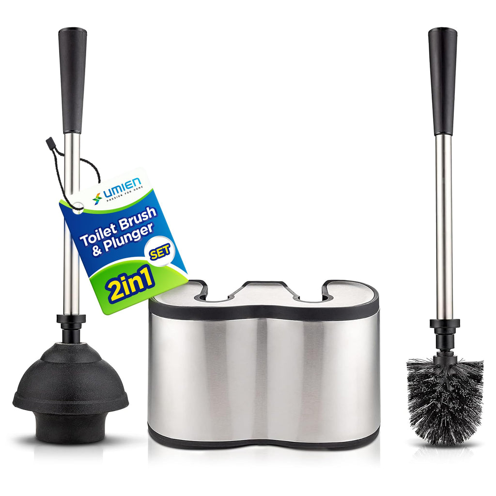 UMIEN Toilet Brush and Plunger Set, Satin Nickel, Long Handle Freestanding