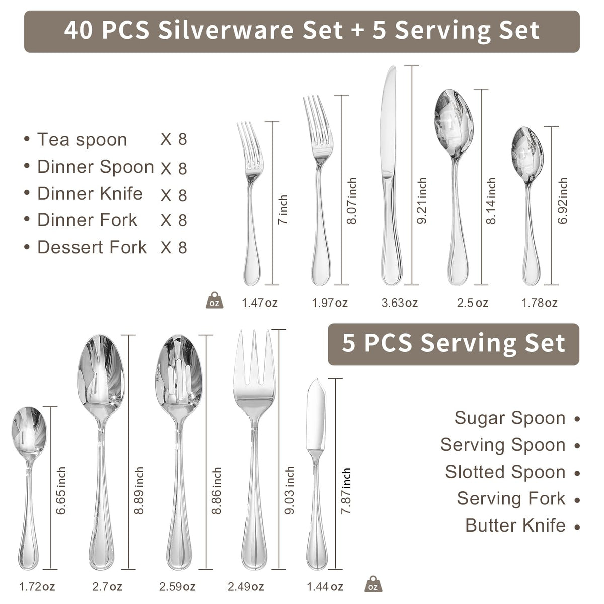 45 Piece Silverware Set for 8 with Serving Utensils, 18/10 Stainless Steel