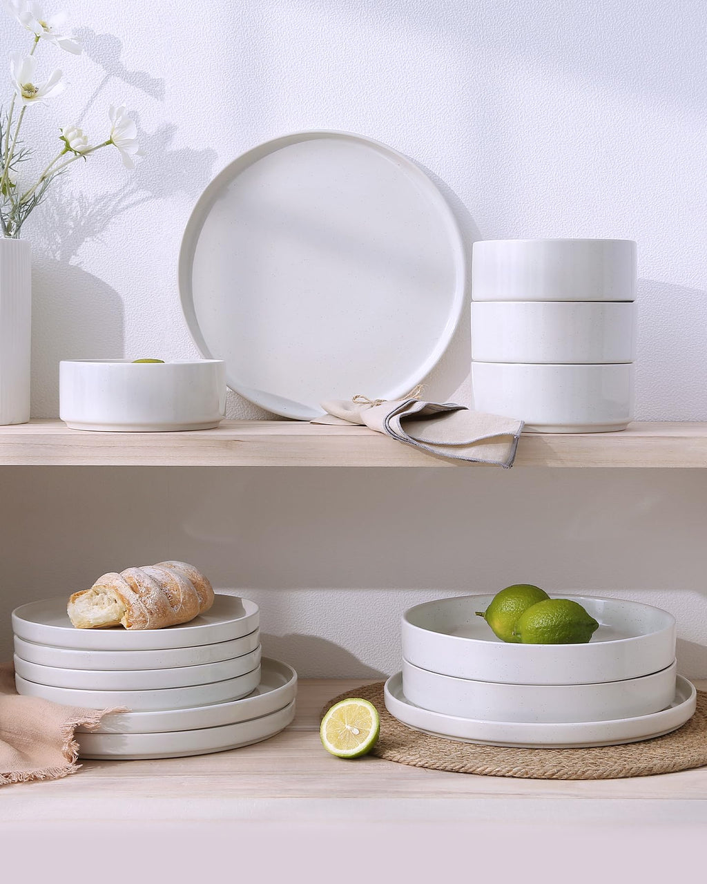 Famiware Nebula Plates and Bowls, 24-Piece Dinnerware Set, White