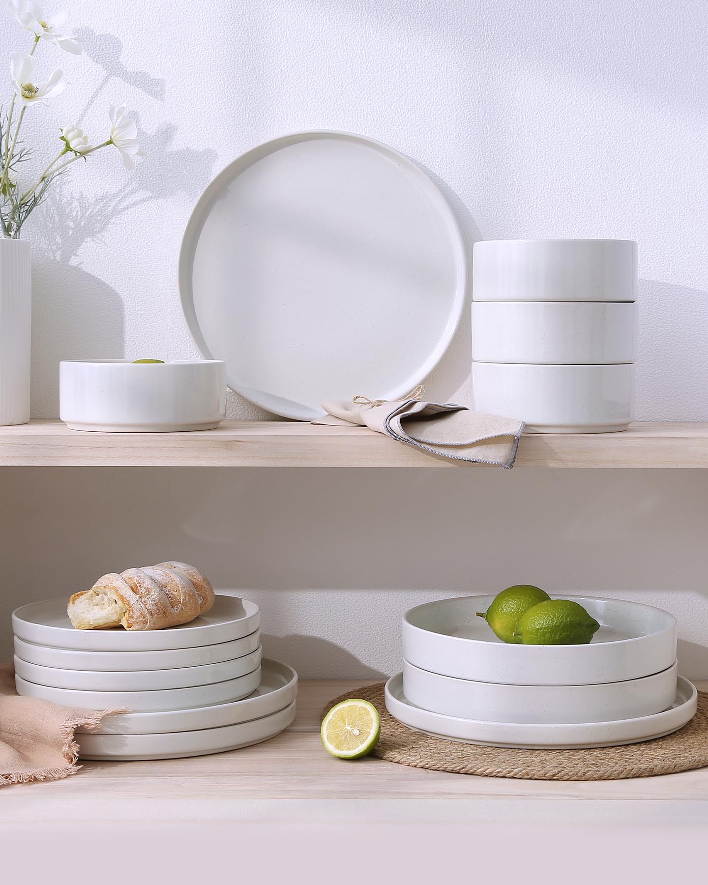 Famiware Nebula Plates and Bowls, 24-Piece Dinnerware Set, White