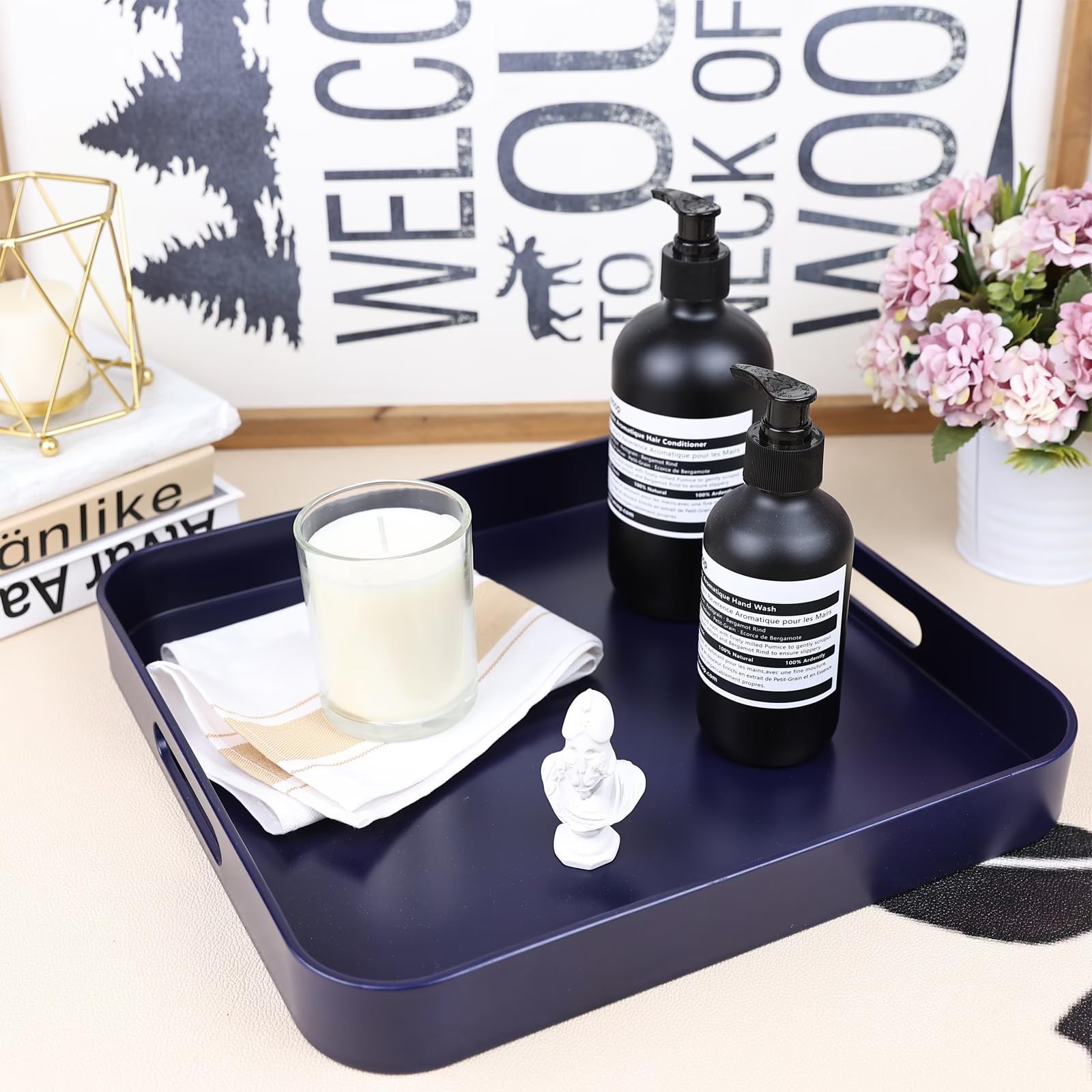 SforGUVA Square Navy Blue Decorative Serving Tray with Handles, Versatile Ottoman Tray for Coffee Table, Entertaining, Outdoor Patio, Living Room, 13”*13”*1.6”