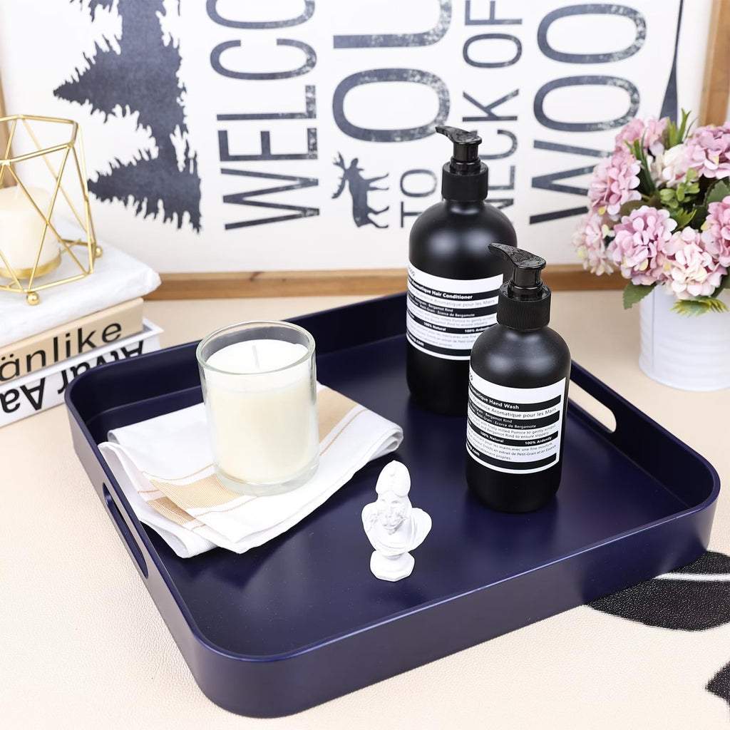 SforGUVA Square Navy Blue Decorative Serving Tray with Handles, Versatile Ottoman Tray for Coffee Table, Entertaining, Outdoor Patio, Living Room, 13”*13”*1.6”