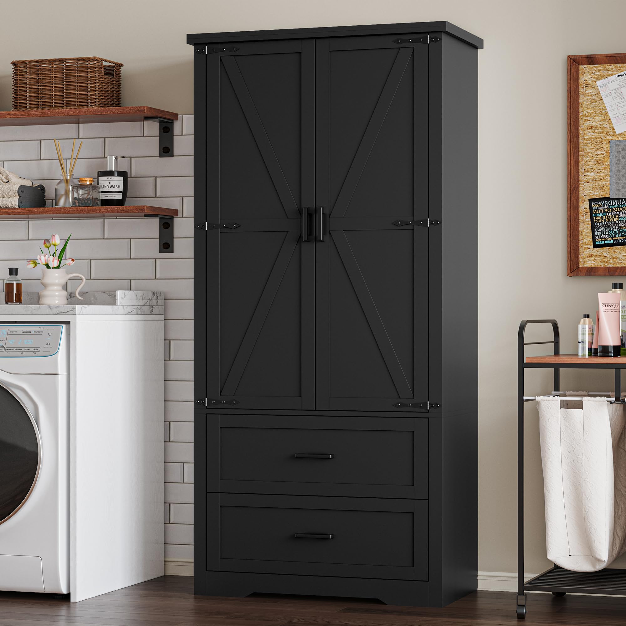 BORNOON Pantry Organizers and Storage Cabinet, 71” Barn Door White Kitchen Cabinet with Drawers and Adjustable Shelf, Tall Pantry for Kitchen, Dining Room, Living Room. Bathroom and Office