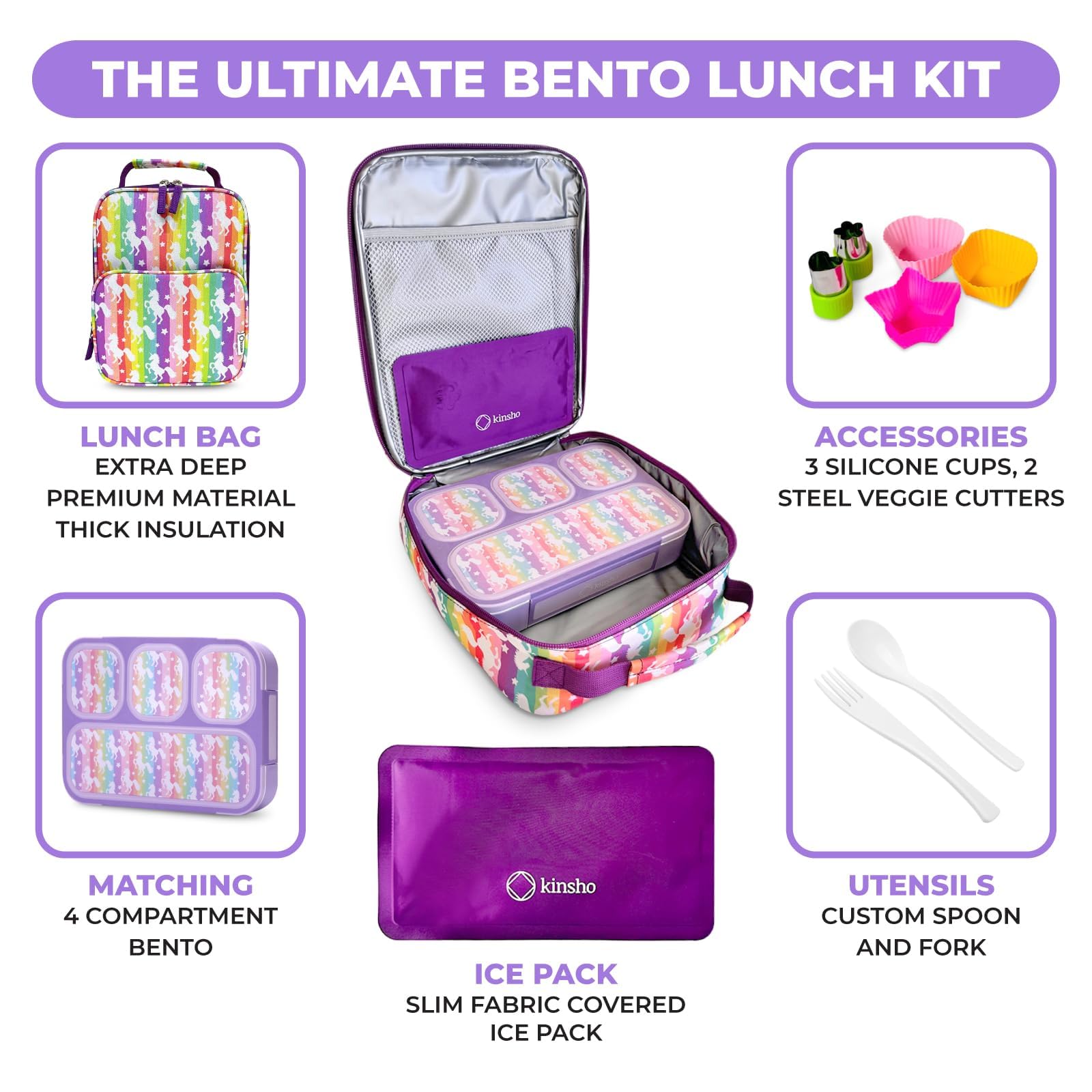 kinsho Bento Lunch Box with Insulated Bag, Ice Pack and Accessories for Girls. Snack Containers with 4 Compartment Dividers for Toddlers Pre-School Daycare BPA Free Set, Utensils, Rainbow Unicorn