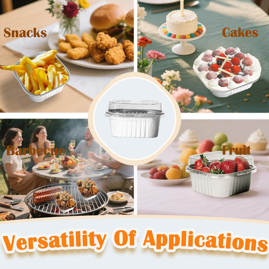 50 Pcs Mini Square Baking Cups with Lids,5oz Aluminum Foil Mini Cake Pans with Lids,Disposable Ramekins Cake Pans,150ml Dessert Cups Cupcake Pans for Wedding Birthday Party,White