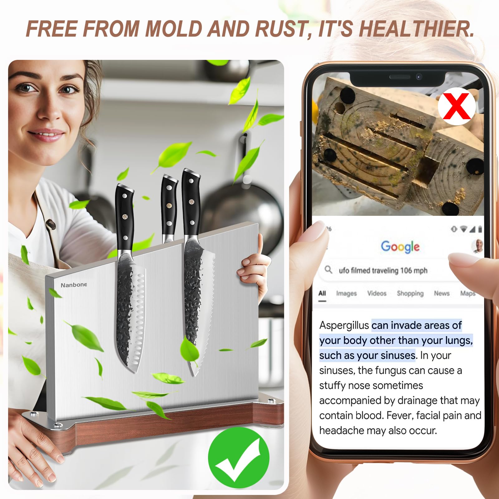 Nanbone Magnetic Knife Block Without Knives Large Double Side Magnetic Knife Holder Stand with Strong Magnet, Stainless Steel Knife Storage Organizer for Kitchen Counter Knife Rack Three Magnet Strip