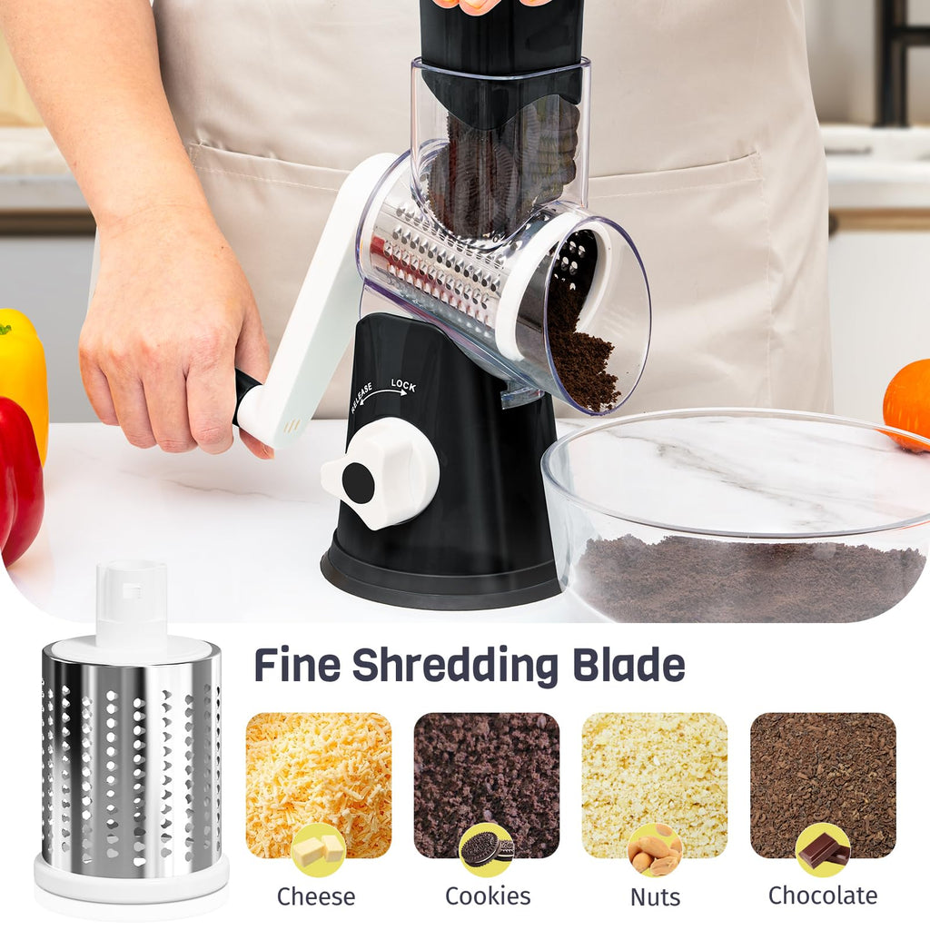 Cheese Grater Hand Crank, Rotary Cheese Shredder with 3 Interchangeable Blades for Coarse, Fine Shredding and Slicing, Strong Suction Base for Pizza, Pasta, Salad, Vegetables, Nuts, Chocolate