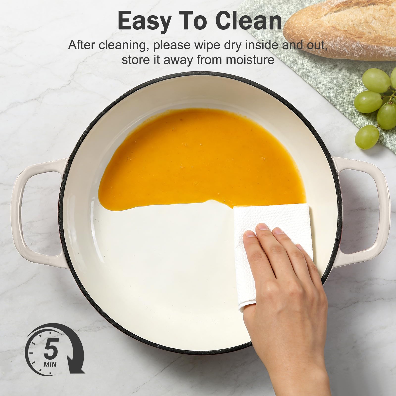 NSIRONS Enameled Cast Iron Dutch Oven, 3.8 Quart Dutch Oven Pot with Lid, Shallow Cast Iron Braiser with Handles, Oven Safe up to 500°F (Caramel White)