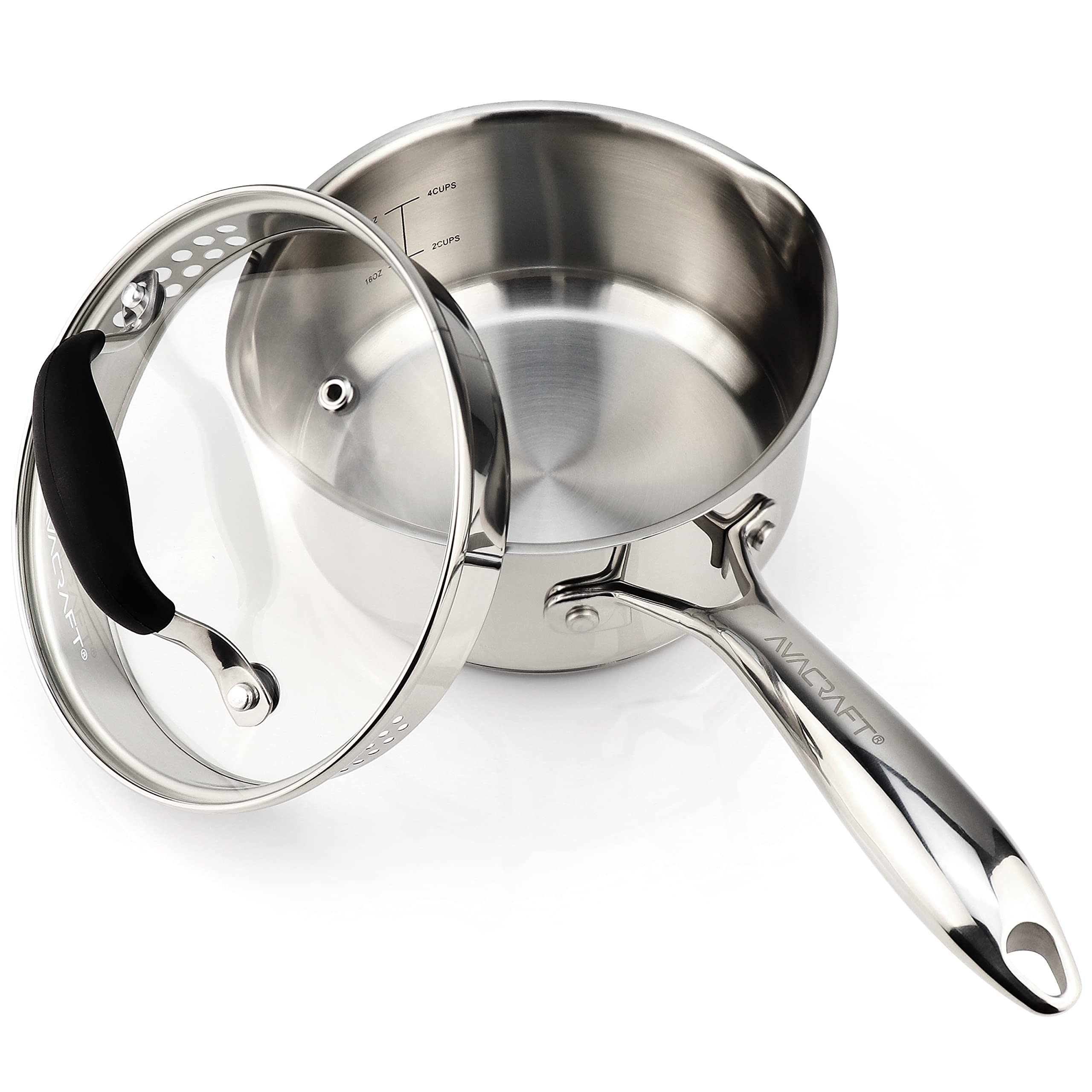 AVACRAFT Stainless Steel Saucepan with Glass Strainer Lid, Two Side Spouts for Easy Pour with Ergonomic Handle, Multipurpose Sauce Pot (5-Ply Capsule Bottom, 1.5 Quart)