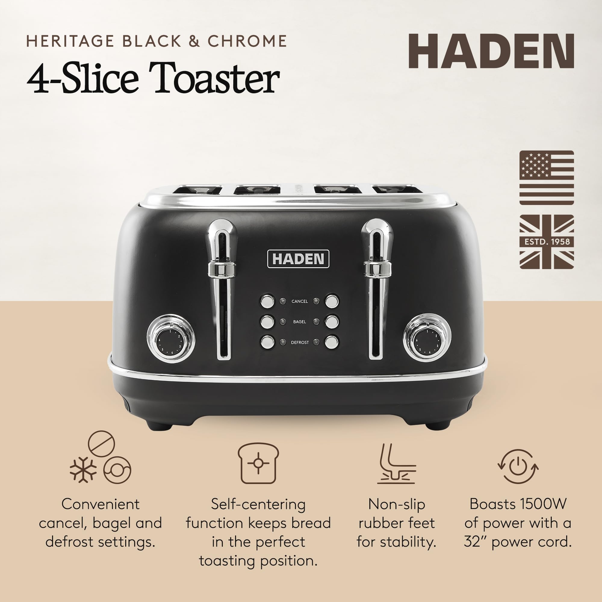Haden Heritage 4 Slice Wide Slot Stainless Steel Toaster with Adjustable Browning Control & Non-Slip Feet, Black & Chrome