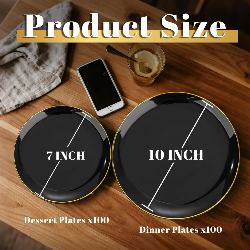 KIRE 200Pcs Black Plastic Plates - Black and Gold Plates Disposable for Party - Include 100 for Dinner and 100 for Dessert for Birthday/Wedding/Halloween