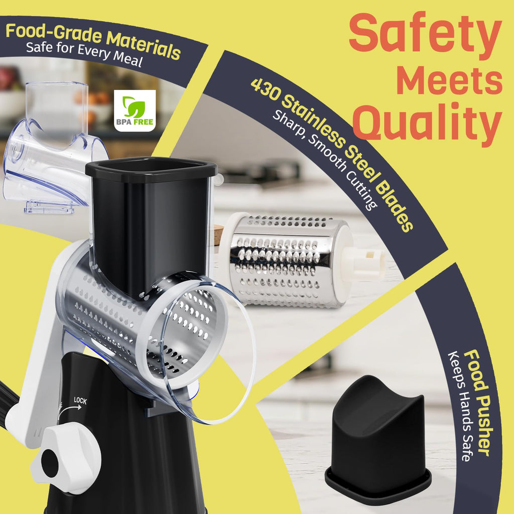 Cheese Grater Hand Crank, Rotary Cheese Shredder with 3 Interchangeable Blades for Coarse, Fine Shredding and Slicing, Strong Suction Base for Pizza, Pasta, Salad, Vegetables, Nuts, Chocolate