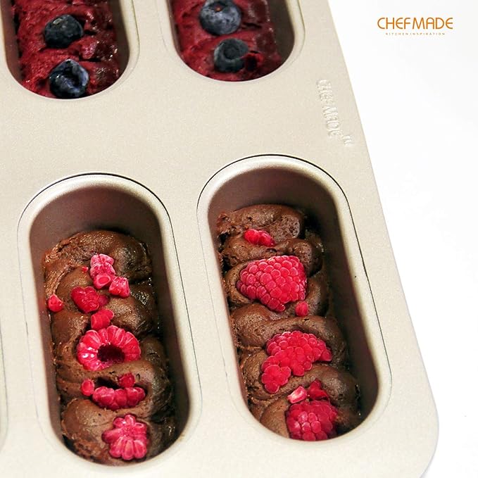 CHEFMADE Twinkie Cake Pan, 8-Cavity Non-Stick Mini Hotdog-Shaped Muffin Eclair Bakeware for Oven Baking (Champagne Gold)