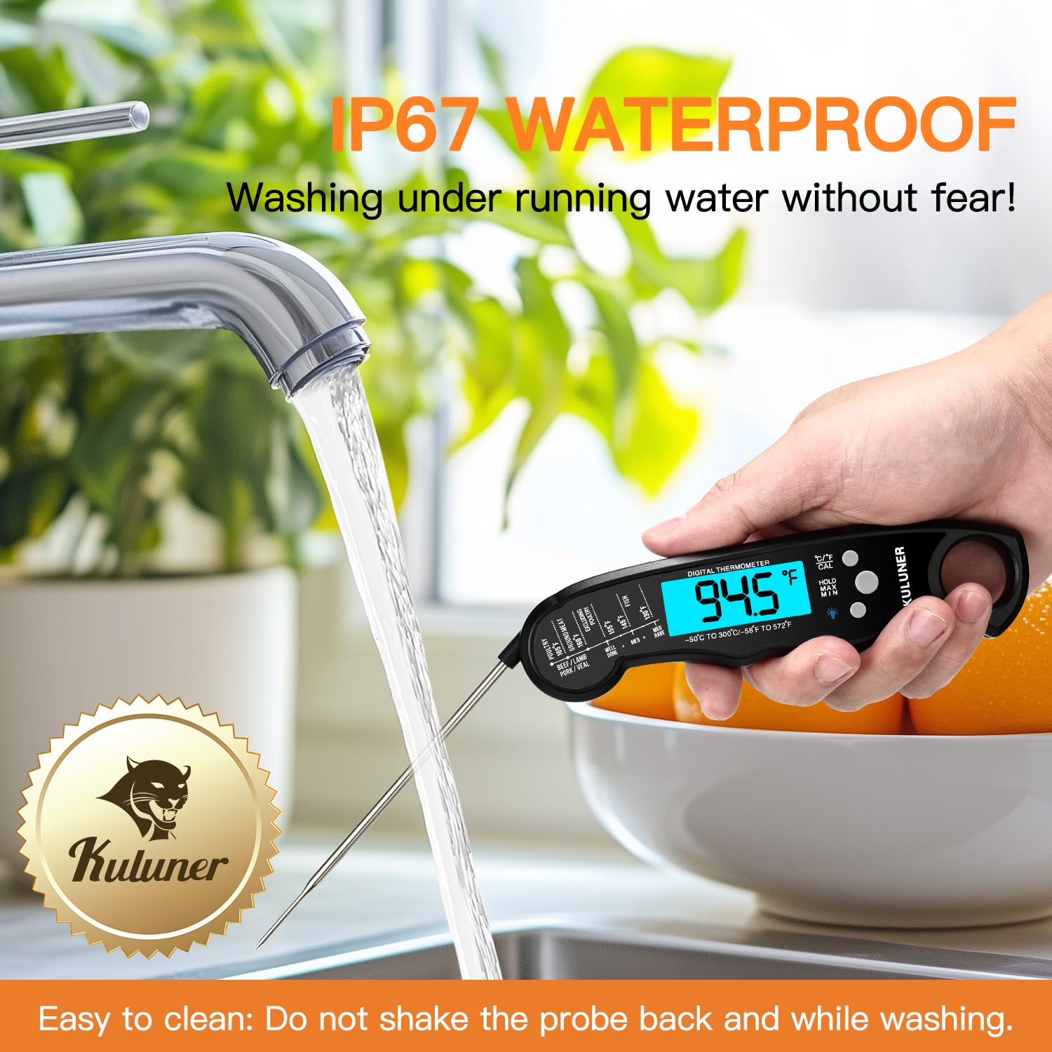 KULUNER Digital Meat Thermometer Instant Read, Waterproof Probe with Backlight & Calibration, Ultra Fast 2-3s Reading, Stainless Steel Kitchen Food Thermometer for Grilling BBQ Cooking Candy - Black