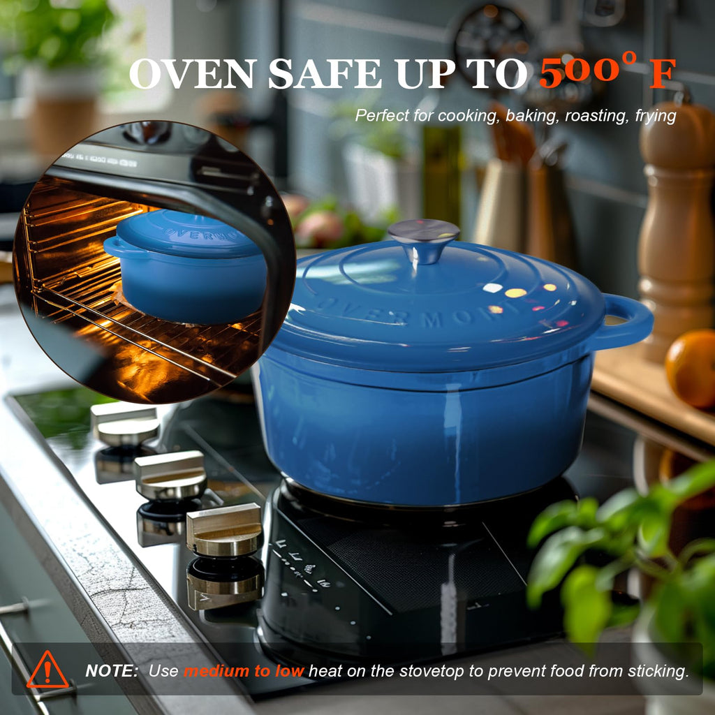 Overmont Enameled Cast Iron Dutch Oven - 7QT Pot with Lid Cookbook & Cotton Potholders - Heavy-Duty Cookware for Braising, Stews, Roasting, Sourdough Baking blue