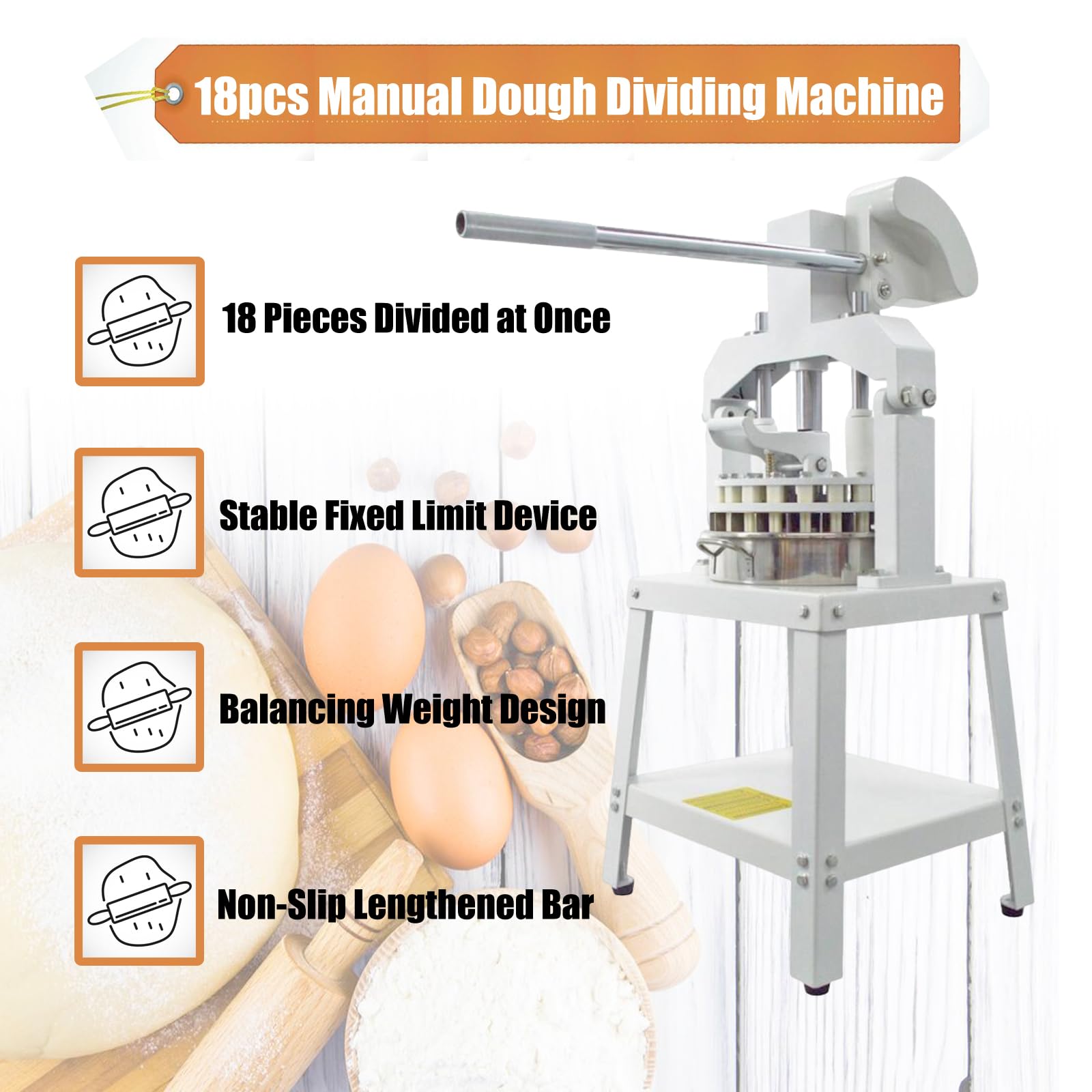 Yokoma Commercial 18PCS Dough Divider Vertical Manual 18PCS Dough Divider Manual Doughs Dividing Cutting Machine with 2 Stainless Steel Basins for Commercial Baking, 2.2-11.29oz(60-320g) Weight Range