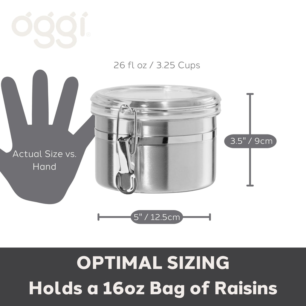 Oggi Stainless Steel Kitchen Canister 26 fl oz - Airtight Clamp Lid, Clear See-Thru Top - Ideal for Kitchen Storage, Food Storage, Pantry Storage. Size 5" x 3.5".